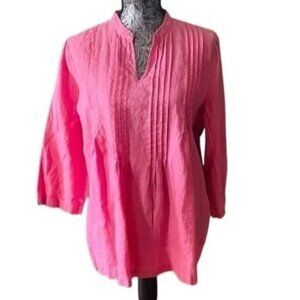 CHARTER CLUB‎ Women Top SZ L100% Linen Pink Pleats 3/4 Sleeve Semi-Sheer Barbie
